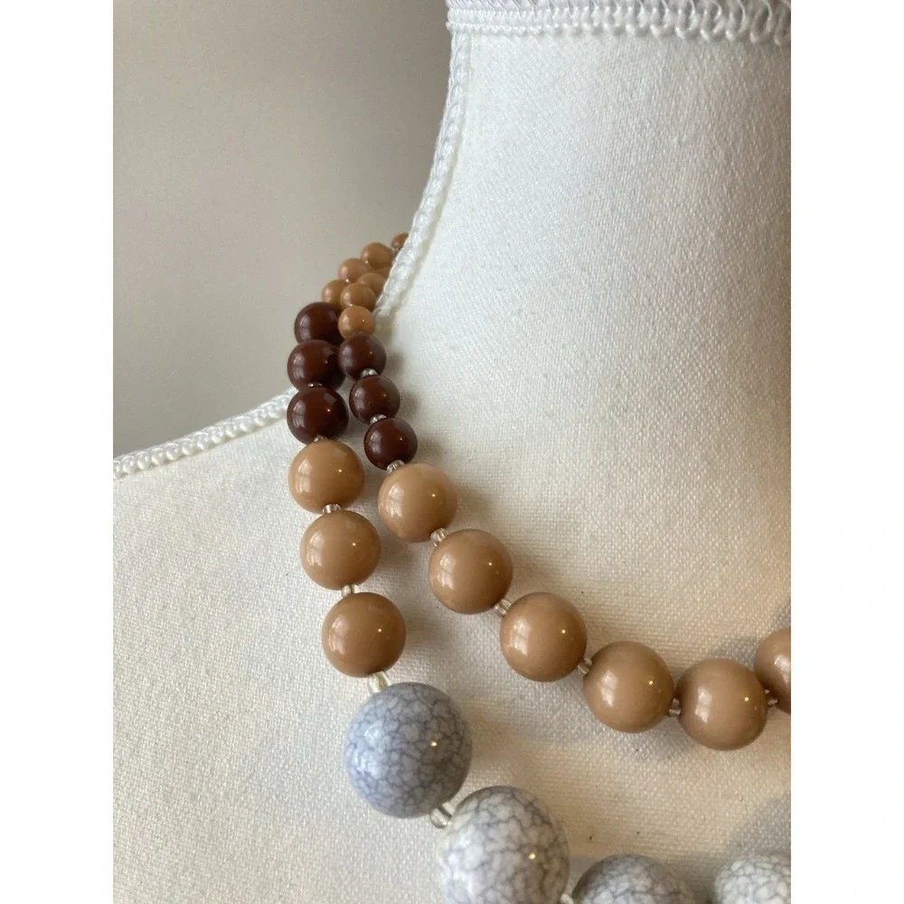Double Strand Collar Necklace Brown Tan Gray Marbled Beads‎ Chunky Statement